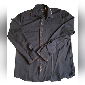 Men's Smart Black Dress Shirt with Gold Embellishments Size L